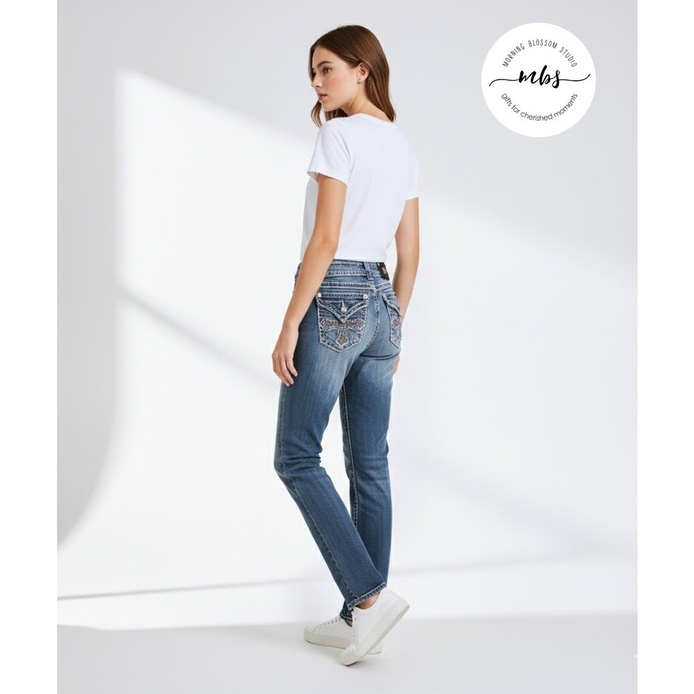 Miss Me Low Rise‎ Cross Pocket Skinny Jeans Rhinestone Studded Y2K Women 28